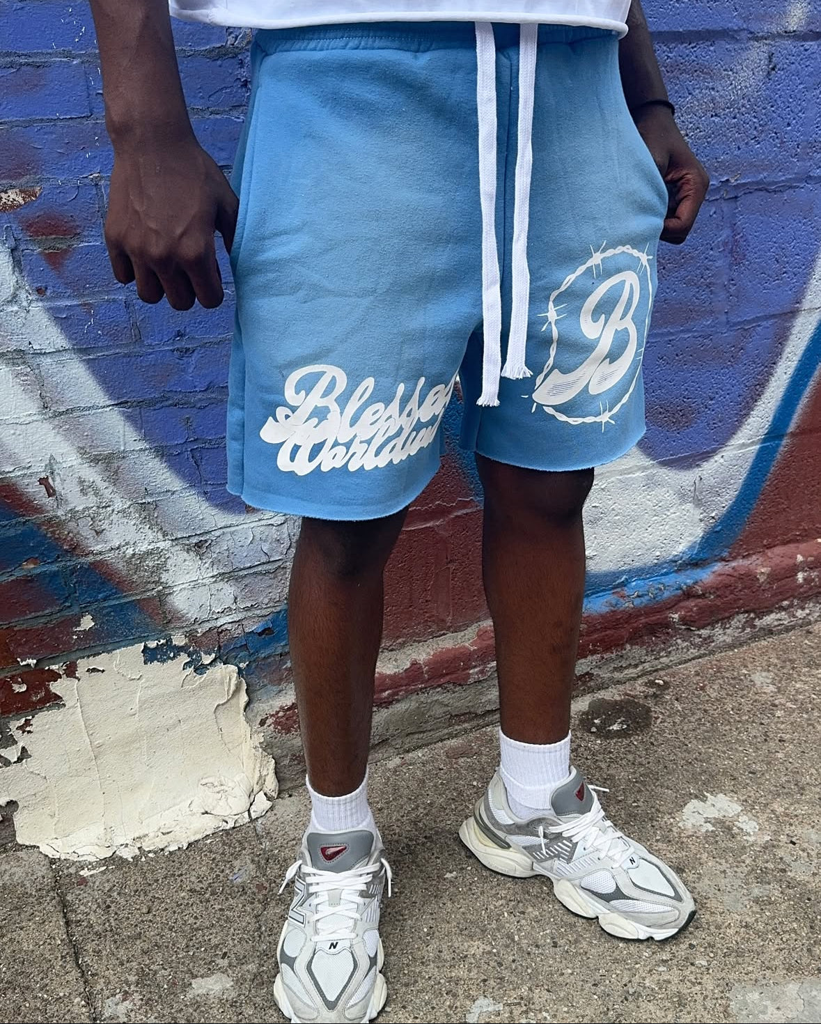 “BlessedWorldwide” Sky Blue Acid Wash Shorts