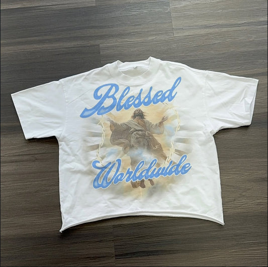 “BlessedWorldwide”Sky Blue Boxy Crop Tee