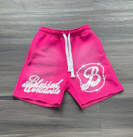 “BlessedWorldwide”Pink Acid Wash Shorts