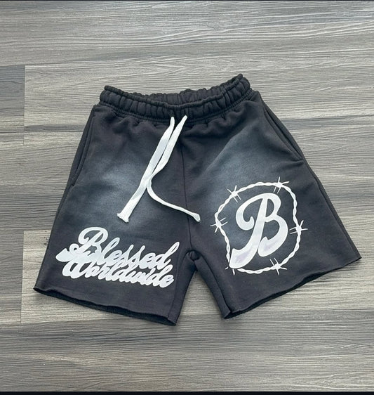 “BlessedWorldwide”Black Acid Wash Shorts