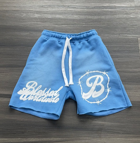 “BlessedWorldwide” Sky Blue Acid Wash Shorts