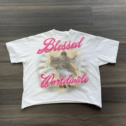 “BlessedWorldwide” Pink Boxy Crop Tee